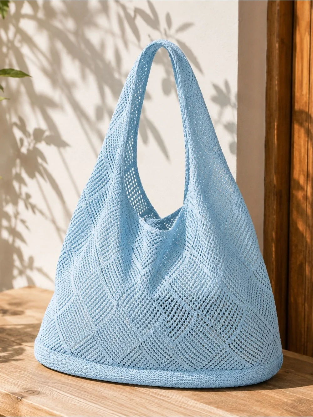 Light Blue Crochet Knit Shoulder Tote Bag Boho Beach Summer Slouchy Hobo